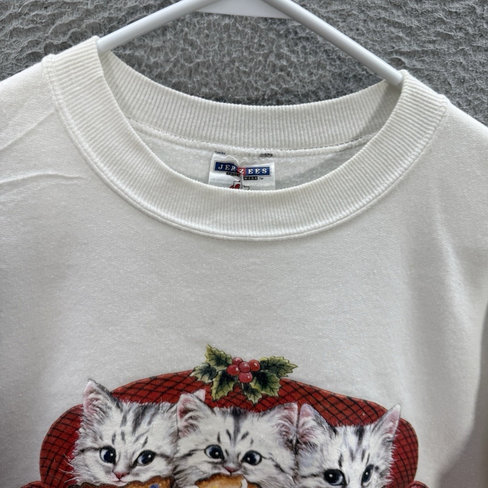 Vintage Jerzees Sweatshirt Womens XL White Crewneck Cats Winter Christmas Y2K - Picture 10 of 12